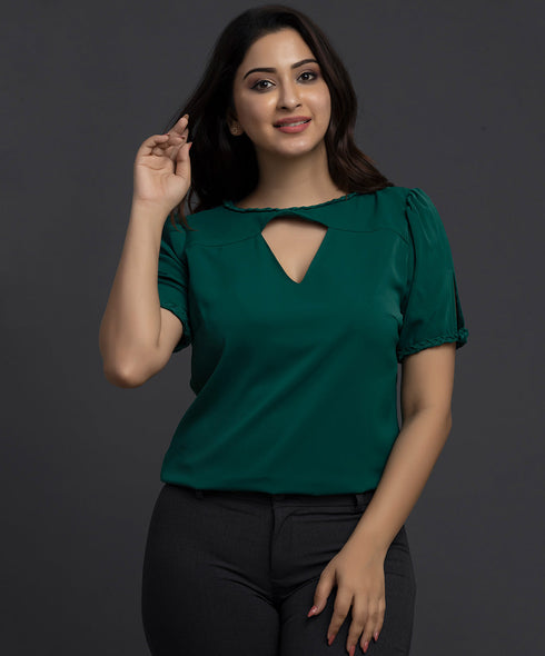 Braided Sleeve Neck Detailed Chiffon Top-Green